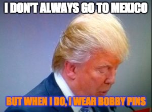 The Most Embarrasing Man In The World | I DON'T ALWAYS GO TO MEXICO; BUT WHEN I DO, I WEAR BOBBY PINS | image tagged in trump hair,donald trump,trump 2016,donald trumph hair,trump,donald trump approves | made w/ Imgflip meme maker