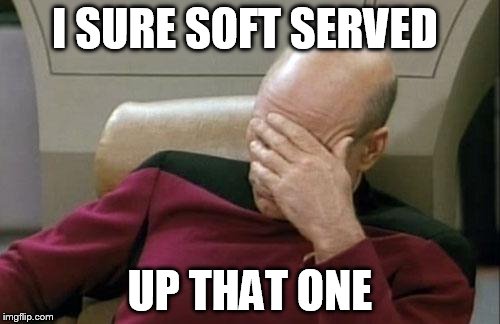 Captain Picard Facepalm Meme | I SURE SOFT SERVED UP THAT ONE | image tagged in memes,captain picard facepalm | made w/ Imgflip meme maker
