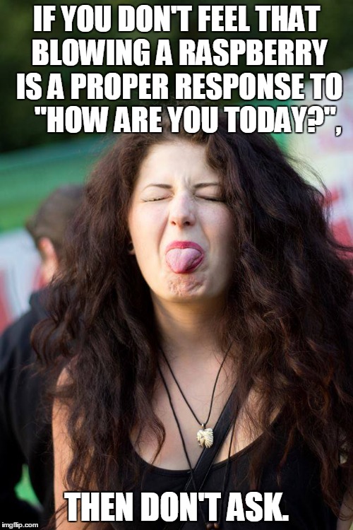 You want the truth?  You can't handle the truth! | IF YOU DON'T FEEL THAT BLOWING A RASPBERRY IS A PROPER RESPONSE TO     "HOW ARE YOU TODAY?", THEN DON'T ASK. | image tagged in tongue,truth,raspberry,angry baby,rough day,first world problems | made w/ Imgflip meme maker