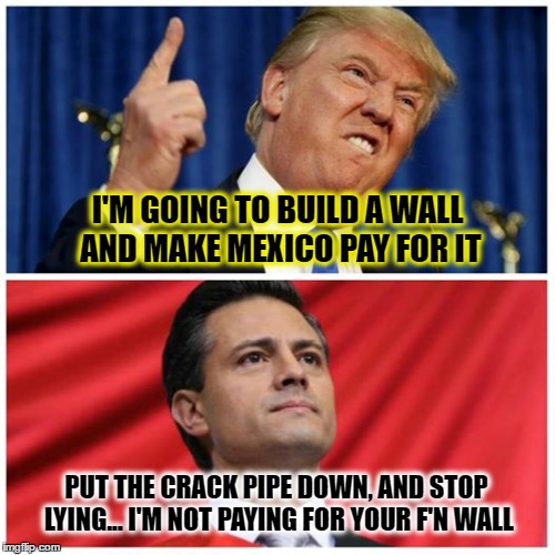 I'M GOING TO BUILD A WALL AND MAKE MEXICO PAY FOR IT; PUT THE CRACK PIPE DOWN, AND STOP LYING... I'M NOT PAYING FOR YOUR F'N WALL | image tagged in donald trump,trump,liar,liar liar pants on fire | made w/ Imgflip meme maker