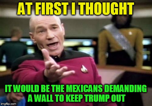 Picard Wtf Meme | AT FIRST I THOUGHT IT WOULD BE THE MEXICANS DEMANDING A WALL TO KEEP TRUMP OUT | image tagged in memes,picard wtf | made w/ Imgflip meme maker