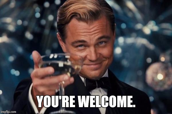 Leonardo Dicaprio Cheers Meme | YOU'RE WELCOME. | image tagged in memes,leonardo dicaprio cheers | made w/ Imgflip meme maker