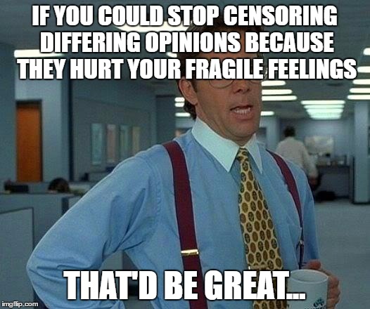 That Would Be Great | IF YOU COULD STOP CENSORING DIFFERING OPINIONS BECAUSE THEY HURT YOUR FRAGILE FEELINGS; THAT'D BE GREAT... | image tagged in memes,that would be great | made w/ Imgflip meme maker