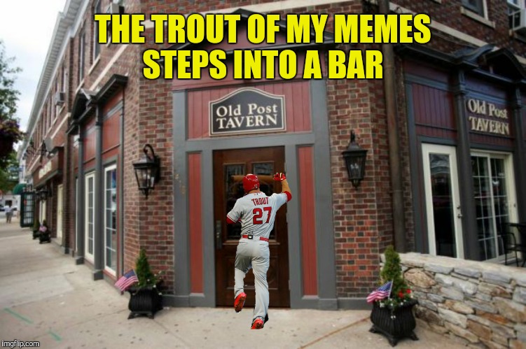 Bartender says, "Wanna pitcher?"  Trout says, "Sure, how about Catfish Hunter" | THE TROUT OF MY MEMES STEPS INTO A BAR | image tagged in mike trout,bar,catfish hunter | made w/ Imgflip meme maker