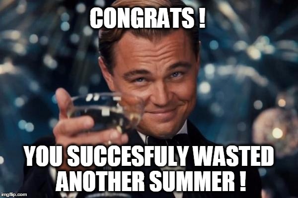 Leonardo Dicaprio Cheers Meme | CONGRATS ! YOU SUCCESFULY WASTED ANOTHER SUMMER ! | image tagged in memes,leonardo dicaprio cheers | made w/ Imgflip meme maker