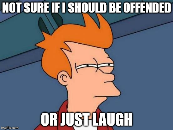 Futurama Fry Meme | NOT SURE IF I SHOULD BE OFFENDED; OR JUST LAUGH | image tagged in memes,futurama fry | made w/ Imgflip meme maker