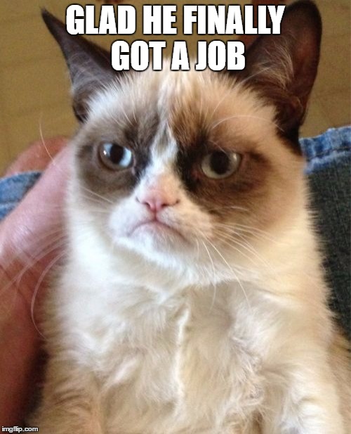 Grumpy Cat Meme | GLAD HE FINALLY GOT A JOB | image tagged in memes,grumpy cat | made w/ Imgflip meme maker