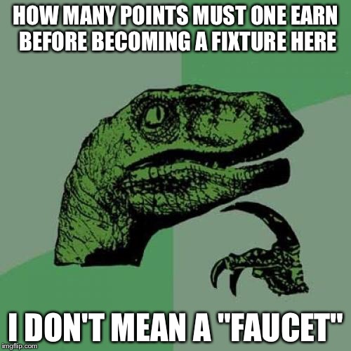 Philosoraptor Meme | HOW MANY POINTS MUST ONE EARN BEFORE BECOMING A FIXTURE HERE I DON'T MEAN A "FAUCET" | image tagged in memes,philosoraptor | made w/ Imgflip meme maker