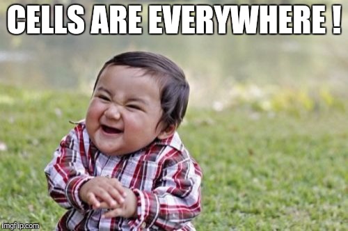 Evil Toddler | CELLS ARE EVERYWHERE ! | image tagged in memes,evil toddler | made w/ Imgflip meme maker