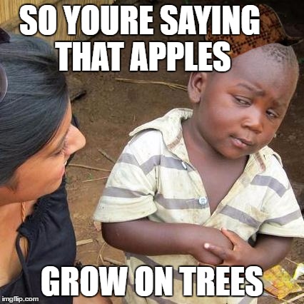 Third World Skeptical Kid Meme | SO YOURE SAYING THAT APPLES; GROW ON TREES | image tagged in memes,third world skeptical kid,scumbag | made w/ Imgflip meme maker