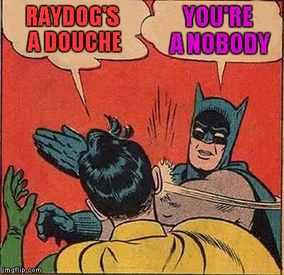 Batman Slapping Robin Meme | RAYDOG'S A DOUCHE YOU'RE A NOBODY | image tagged in memes,batman slapping robin | made w/ Imgflip meme maker