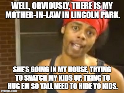 Hide all the children! | WELL, OBVIOUSLY, THERE IS MY MOTHER-IN-LAW IN LINCOLN PARK. SHE'S GOING IN MY HOUSE, TRYING TO SNATCH MY KIDS UP. TRING TO HUG EM SO YALL NEED TO HIDE YO KIDS. | image tagged in memes,hide yo kids hide yo wife,funny,mother in law | made w/ Imgflip meme maker