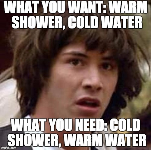 Conspiracy Keanu Meme | WHAT YOU WANT: WARM SHOWER, COLD WATER; WHAT YOU NEED: COLD SHOWER, WARM WATER | image tagged in memes,conspiracy keanu | made w/ Imgflip meme maker