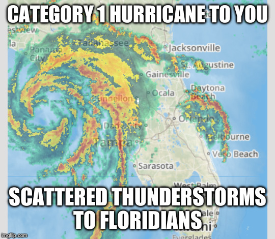 Hurricane | CATEGORY 1 HURRICANE TO YOU; SCATTERED THUNDERSTORMS TO FLORIDIANS | image tagged in weather | made w/ Imgflip meme maker