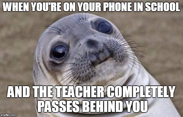 Awkward Moment Sealion | WHEN YOU'RE ON YOUR PHONE IN SCHOOL; AND THE TEACHER COMPLETELY PASSES BEHIND YOU | image tagged in memes,awkward moment sealion | made w/ Imgflip meme maker