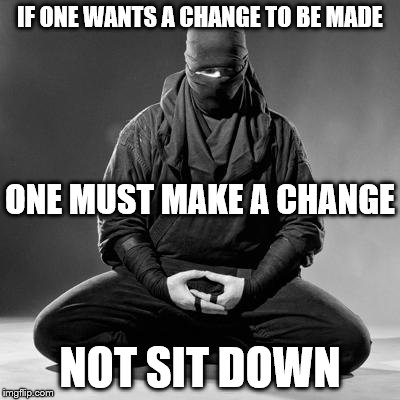 Ninja Zen | IF ONE WANTS A CHANGE TO BE MADE; ONE MUST MAKE A CHANGE; NOT SIT DOWN | image tagged in ninja zen | made w/ Imgflip meme maker