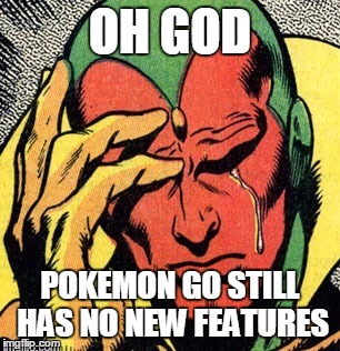 Vision marvel  world problems | OH GOD; POKEMON GO STILL HAS NO NEW FEATURES | image tagged in vision marvel  world problems | made w/ Imgflip meme maker