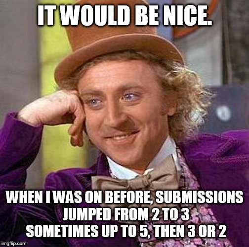 Creepy Condescending Wonka Meme | IT WOULD BE NICE. WHEN I WAS ON BEFORE, SUBMISSIONS JUMPED FROM 2 TO 3 SOMETIMES UP TO 5, THEN 3 OR 2 | image tagged in memes,creepy condescending wonka | made w/ Imgflip meme maker