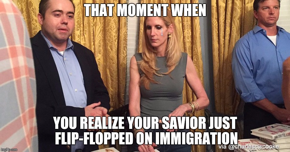 Sad Anne coulter | THAT MOMENT WHEN; YOU REALIZE YOUR SAVIOR JUST FLIP-FLOPPED ON IMMIGRATION | image tagged in sad anne coulter | made w/ Imgflip meme maker