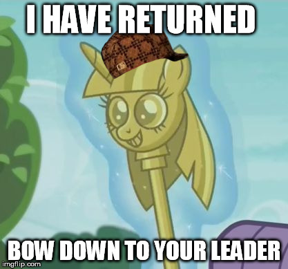 TwiCaneS6Ep3MemeMLP | I HAVE RETURNED; BOW DOWN TO YOUR LEADER | image tagged in twicanes6ep3mememlp,scumbag | made w/ Imgflip meme maker