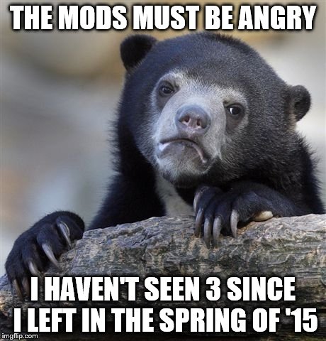 Confession Bear Meme | THE MODS MUST BE ANGRY I HAVEN'T SEEN 3 SINCE I LEFT IN THE SPRING OF '15 | image tagged in memes,confession bear | made w/ Imgflip meme maker