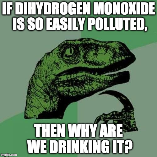 Philosoraptor | IF DIHYDROGEN MONOXIDE IS SO EASILY POLLUTED, THEN WHY ARE WE DRINKING IT? | image tagged in memes,philosoraptor | made w/ Imgflip meme maker