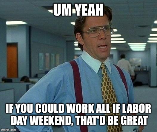 That Would Be Great Meme | UM YEAH IF YOU COULD WORK ALL IF LABOR DAY WEEKEND, THAT'D BE GREAT | image tagged in memes,that would be great | made w/ Imgflip meme maker