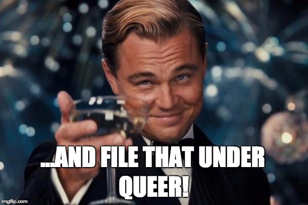 Leonardo Dicaprio Cheers Meme | ...AND FILE THAT UNDER QUEER! | image tagged in memes,leonardo dicaprio cheers | made w/ Imgflip meme maker