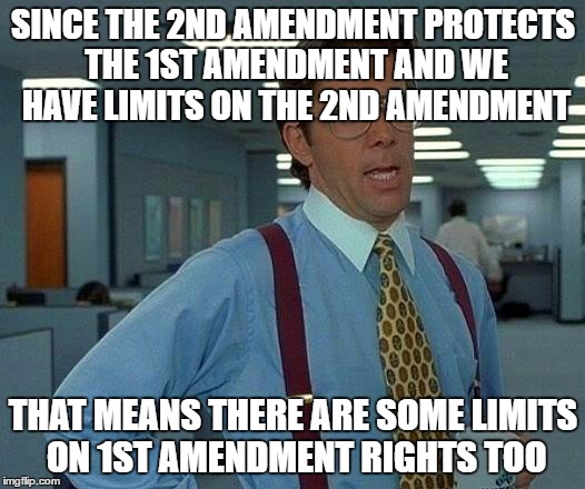 That Would Be Great Meme | SINCE THE 2ND AMENDMENT PROTECTS THE 1ST AMENDMENT AND WE HAVE LIMITS ON THE 2ND AMENDMENT THAT MEANS THERE ARE SOME LIMITS ON 1ST AMENDMENT | image tagged in memes,that would be great | made w/ Imgflip meme maker
