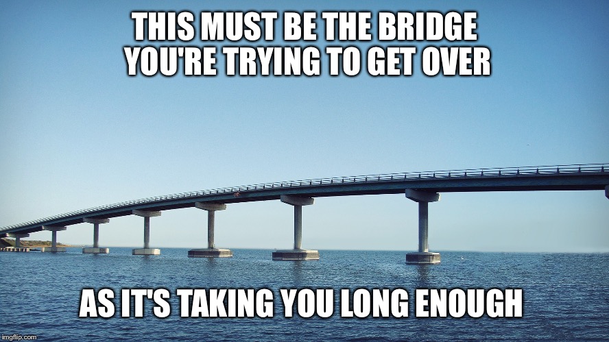 bridge | THIS MUST BE THE BRIDGE YOU'RE TRYING TO GET OVER; AS IT'S TAKING YOU LONG ENOUGH | image tagged in bridge | made w/ Imgflip meme maker