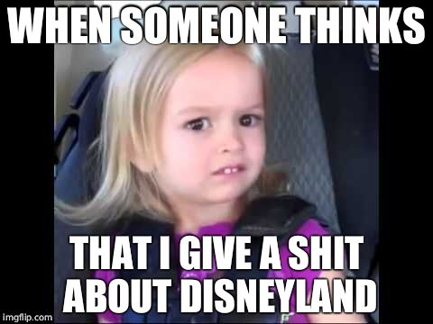 Unimpressed little girl | WHEN SOMEONE THINKS; THAT I GIVE A SHIT ABOUT DISNEYLAND | image tagged in unimpressed little girl | made w/ Imgflip meme maker