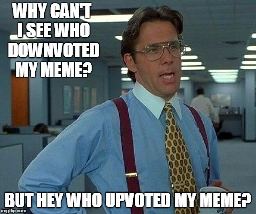 That Would Be Great | WHY CAN'T I SEE WHO DOWNVOTED MY MEME? BUT HEY WHO UPVOTED MY MEME? | image tagged in memes,that would be great | made w/ Imgflip meme maker