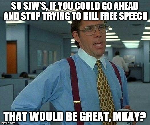 That Would Be Great | SO SJW'S, IF YOU COULD GO AHEAD AND STOP TRYING TO KILL FREE SPEECH; THAT WOULD BE GREAT, MKAY? | image tagged in memes,that would be great | made w/ Imgflip meme maker