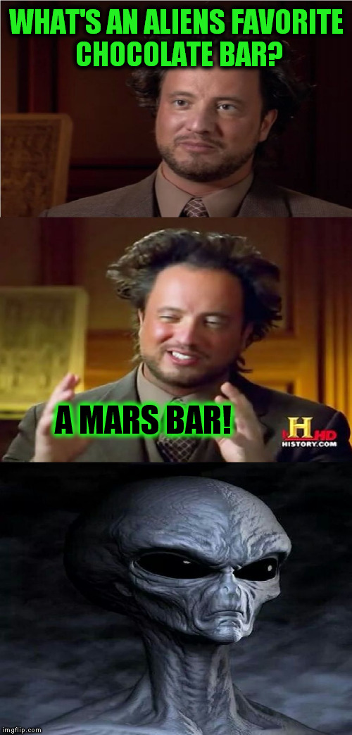 Bad Pun Aliens Guy ( A MemesterMemesterson Template) Yes an old joke lol | WHAT'S AN ALIENS FAVORITE CHOCOLATE BAR? A MARS BAR! | image tagged in bad pun aliens guy,jokes,funny memes,mars,chocolate,memestermemesterson | made w/ Imgflip meme maker