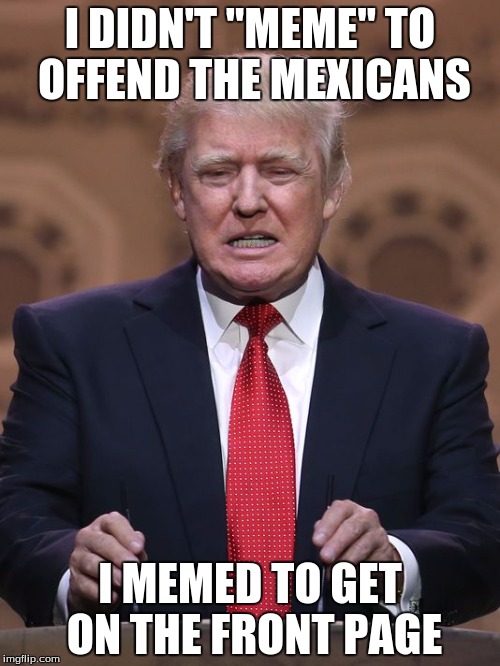 Donald Trump | I DIDN'T "MEME" TO OFFEND THE MEXICANS; I MEMED TO GET ON THE FRONT PAGE | image tagged in donald trump | made w/ Imgflip meme maker