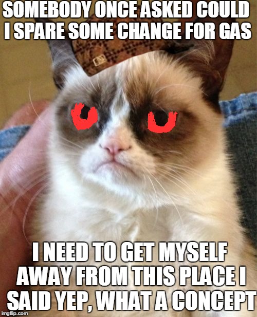 Grumpy Cat | SOMEBODY ONCE ASKED COULD I SPARE SOME CHANGE FOR GAS; I NEED TO GET MYSELF AWAY FROM THIS PLACE
I SAID YEP, WHAT A CONCEPT | image tagged in memes,grumpy cat,scumbag | made w/ Imgflip meme maker