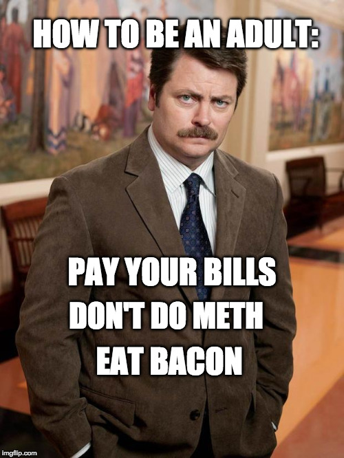 Adulting | HOW TO BE AN ADULT:; PAY YOUR BILLS; DON'T DO METH; EAT BACON | image tagged in ron swanson,adult,bacon,meth,iwanttobebacon,iwanttobebaconcom | made w/ Imgflip meme maker