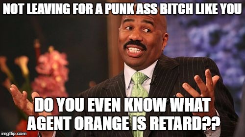 Steve Harvey Meme | NOT LEAVING FOR A PUNK ASS B**CH LIKE YOU DO YOU EVEN KNOW WHAT AGENT ORANGE IS RETARD?? | image tagged in memes,steve harvey | made w/ Imgflip meme maker