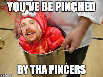 YOU'VE BE PINCHED; BY THA PINCERS | image tagged in sheamus lobster | made w/ Imgflip meme maker