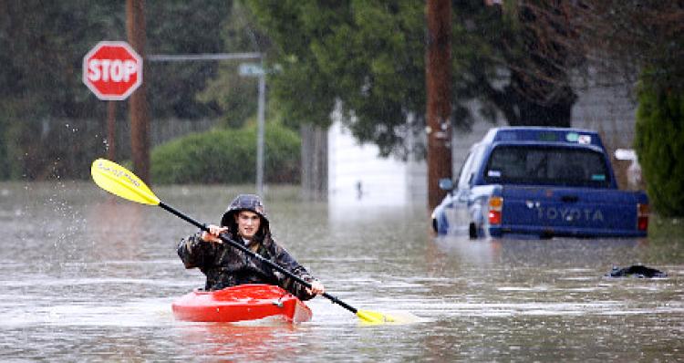 Kayak in Flooded Street Blank Meme Template