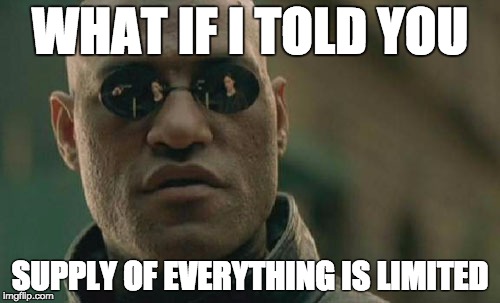 Matrix Morpheus | WHAT IF I TOLD YOU; SUPPLY OF EVERYTHING IS LIMITED | image tagged in memes,matrix morpheus | made w/ Imgflip meme maker