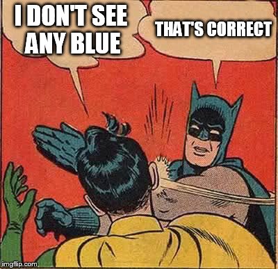 Batman Slapping Robin Meme | I DON'T SEE ANY BLUE THAT'S CORRECT | image tagged in memes,batman slapping robin | made w/ Imgflip meme maker