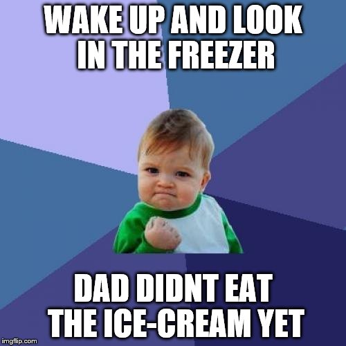 Success Kid Meme | WAKE UP AND LOOK IN THE FREEZER; DAD DIDNT EAT THE ICE-CREAM YET | image tagged in memes,success kid | made w/ Imgflip meme maker