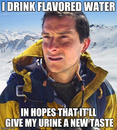 Bear Grylls |  I DRINK FLAVORED WATER; IN HOPES THAT IT'LL GIVE MY URINE A NEW TASTE | image tagged in memes,bear grylls | made w/ Imgflip meme maker