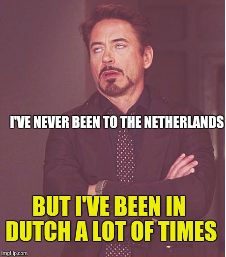 Well, my branch on the family tree has some Dutch ancestry. | I'VE NEVER BEEN TO THE NETHERLANDS; BUT I'VE BEEN IN DUTCH A LOT OF TIMES | image tagged in memes,face you make robert downey jr,dutch,netherlands | made w/ Imgflip meme maker