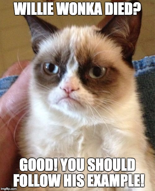 Grumpy Cat Meme | WILLIE WONKA DIED? GOOD! YOU SHOULD FOLLOW HIS EXAMPLE! | image tagged in memes,grumpy cat | made w/ Imgflip meme maker