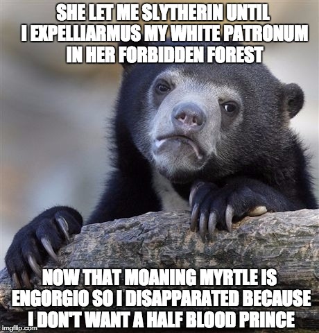 Chamber of secrets | SHE LET ME SLYTHERIN UNTIL I EXPELLIARMUS MY WHITE PATRONUM IN HER FORBIDDEN FOREST; NOW THAT MOANING MYRTLE IS ENGORGIO SO I DISAPPARATED BECAUSE I DON'T WANT A HALF BLOOD PRINCE | image tagged in memes,confession bear,harry potter,horny harry,innuendo,slytherin | made w/ Imgflip meme maker
