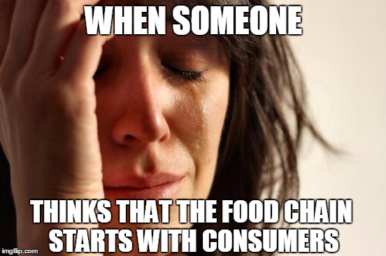 First World Problems Meme | WHEN SOMEONE; THINKS THAT THE FOOD CHAIN STARTS WITH CONSUMERS | image tagged in memes,first world problems | made w/ Imgflip meme maker