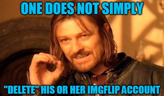 Why Would Someone Do Such A Thing? | ONE DOES NOT SIMPLY; "DELETE" HIS OR HER IMGFLIP ACCOUNT | image tagged in memes,one does not simply,coolermommy,rosek,deleted,imgflip account | made w/ Imgflip meme maker