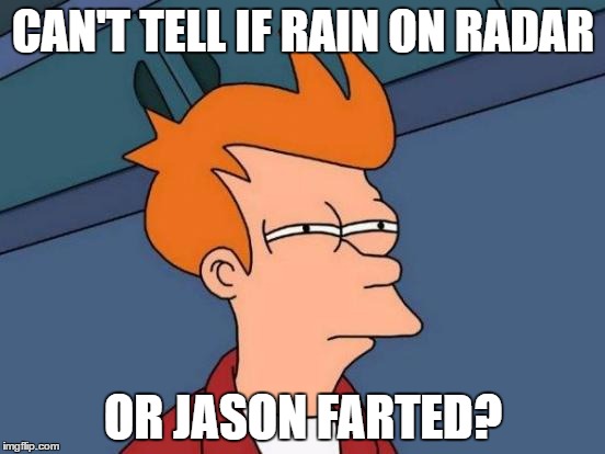 Futurama Fry | CAN'T TELL IF RAIN ON RADAR; OR JASON FARTED? | image tagged in memes,futurama fry | made w/ Imgflip meme maker